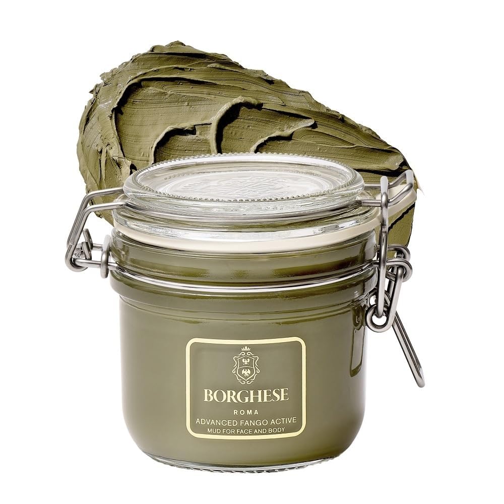 Borghese Advanced Fango Mud Mask jar shows mineral-rich formula for purifying skin.