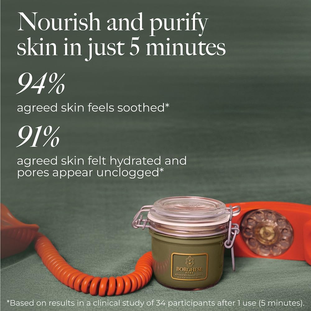 Borghese Advanced Fango Mud Mask texture close-up highlights rich mineral mud and creamy consistency.
