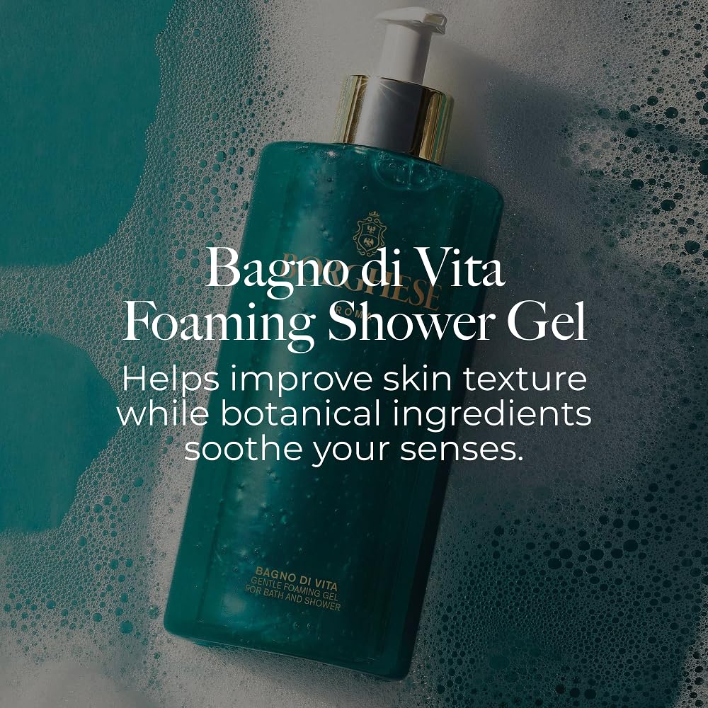 Borghese Bagno di Vita foaming lather highlights luxurious aromatherapy cleanse.
