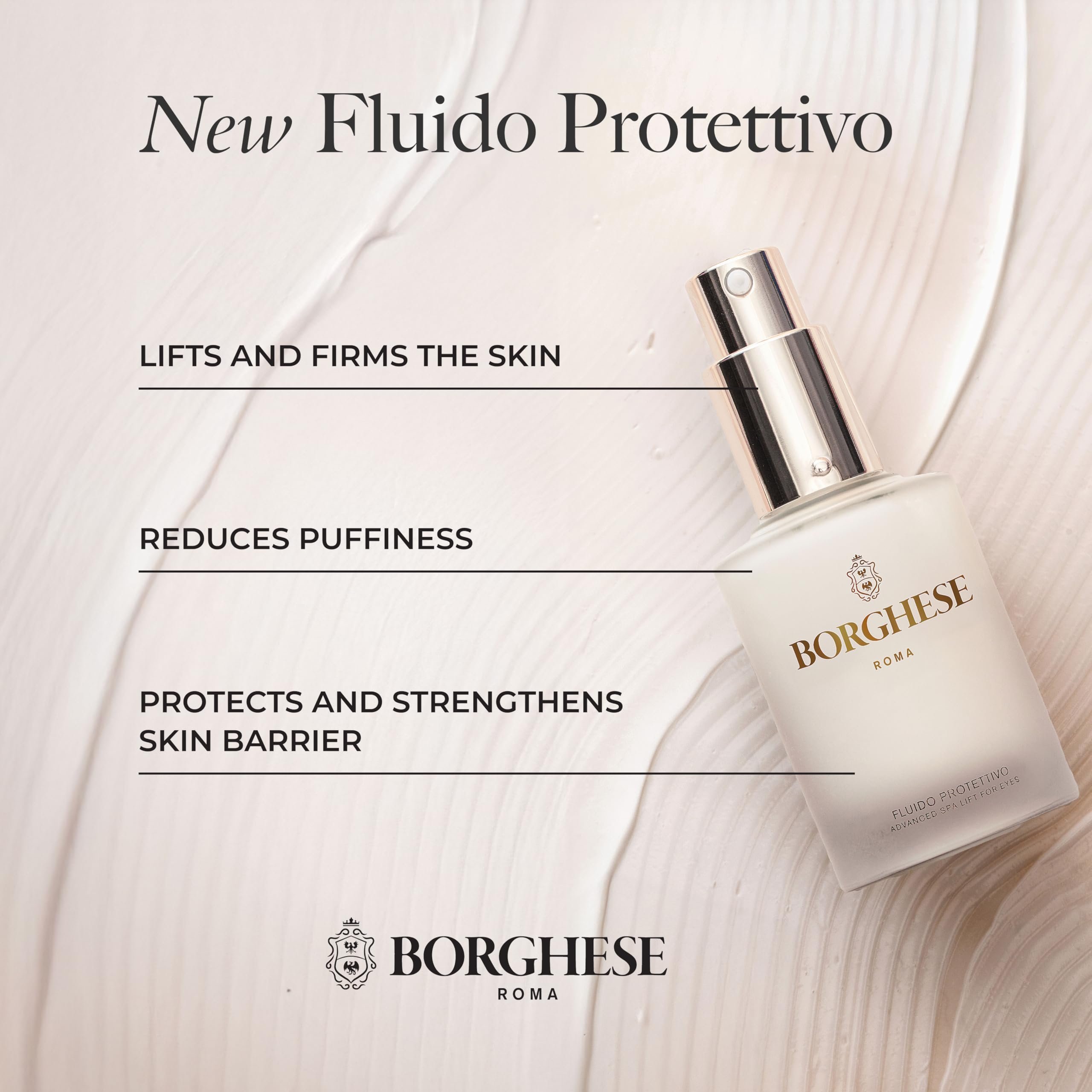 Borghese Fluido Protettivo Eye Lift dispenses-on-skin image hints at precise dosing for layering