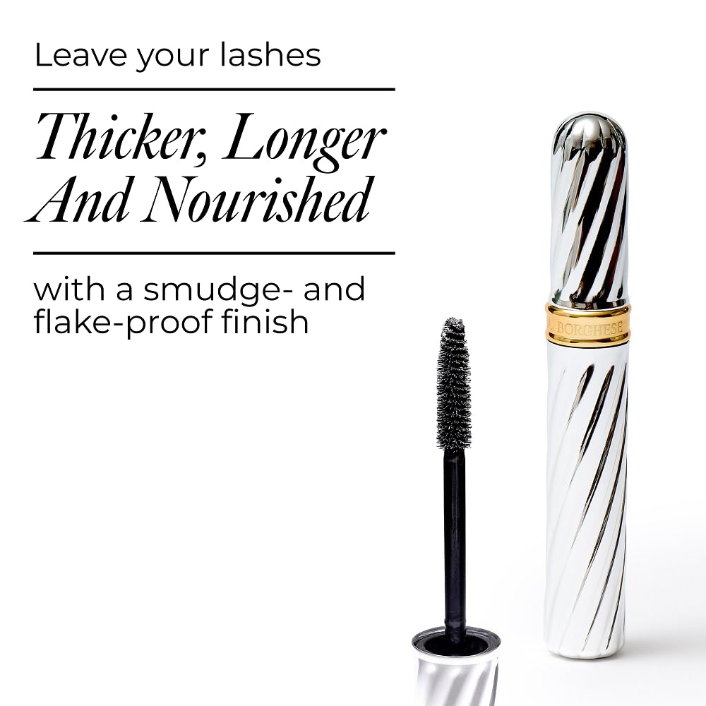 Borghese Superiore mascara tube and brush swatch on skin