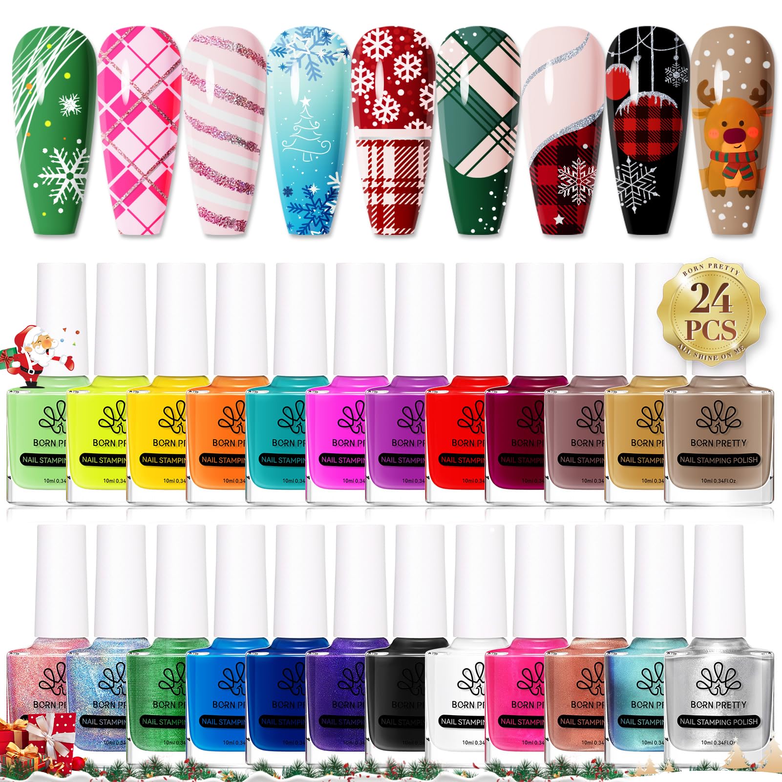 Born Pretty 24 colors nail polish set for stamping with vibrant pigments.