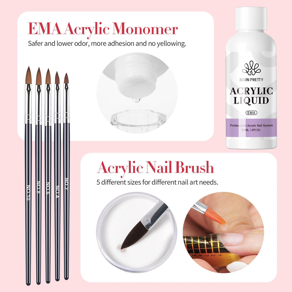Born Pretty acrylic nail brush set 5pc enhances precision and control during application.