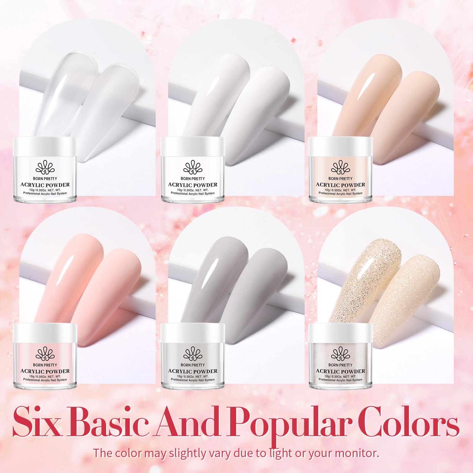 Born Pretty acrylic powder white-pink 6-boxes offering self-leveling color options for nails.