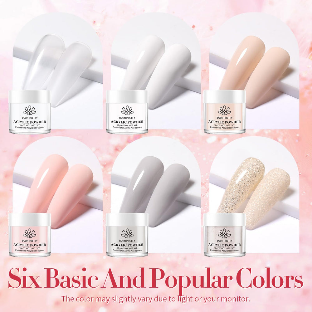 Born Pretty acrylic powder white-pink 6-boxes offering self-leveling color options for nails.