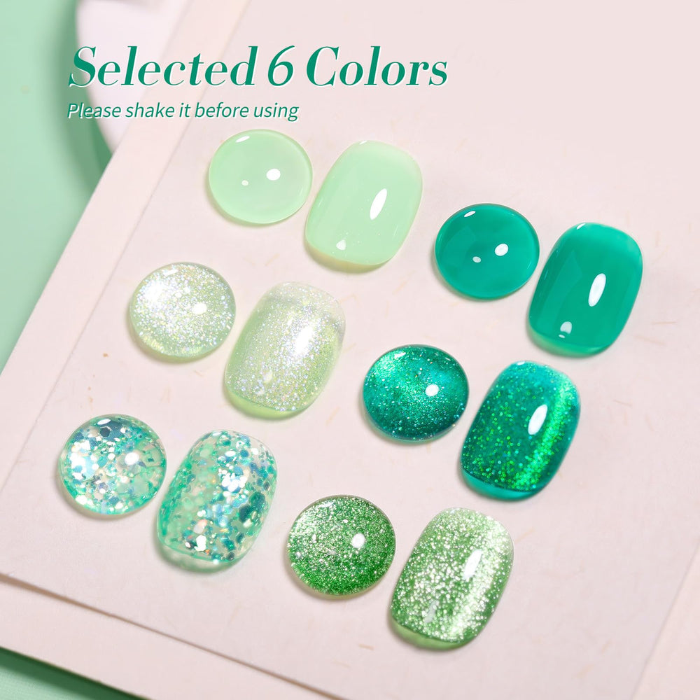 Born Pretty holographic glitter green gel polish with shimmering reflections.