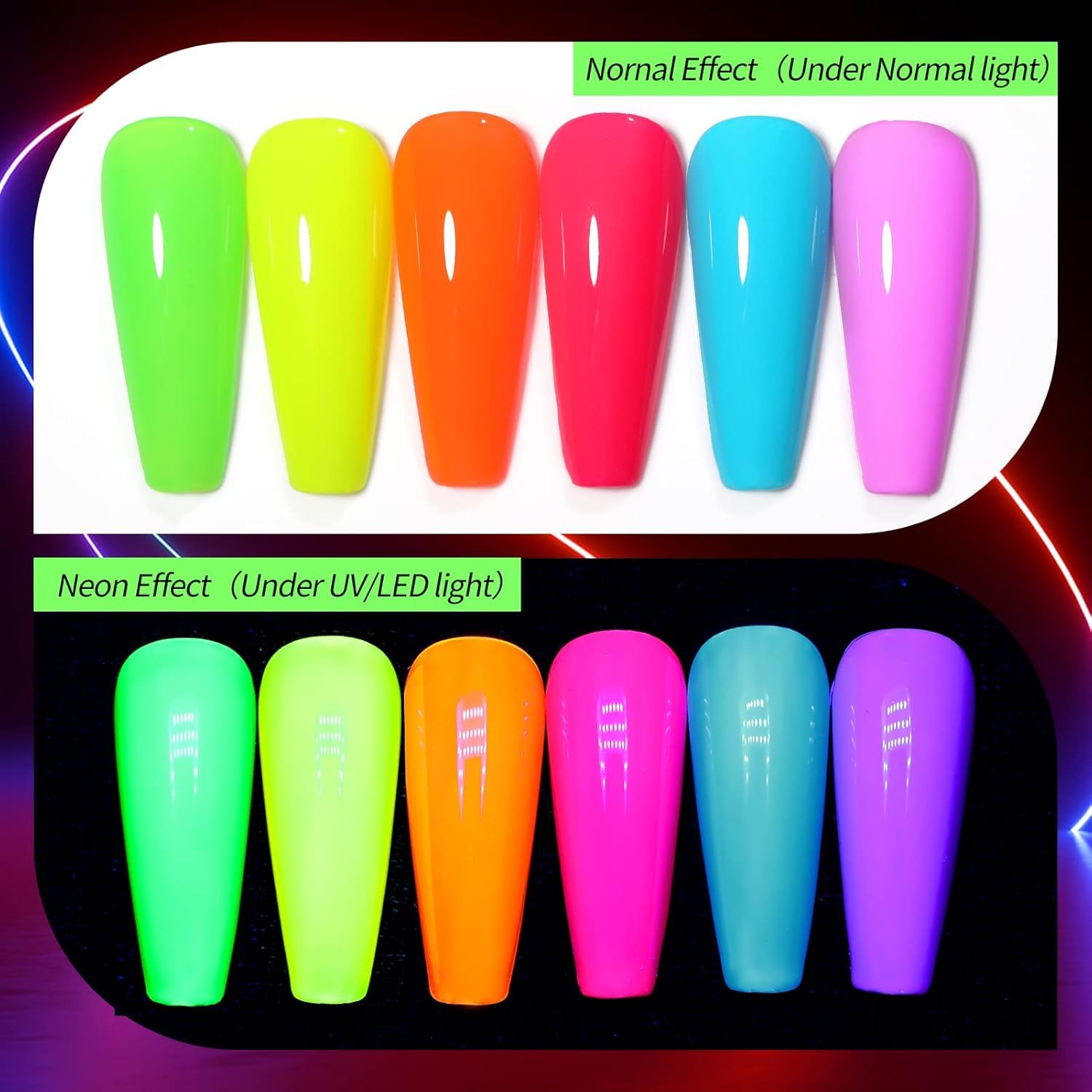 Born Pretty neon bottles under UV lamp show quick curing and glossy finish.