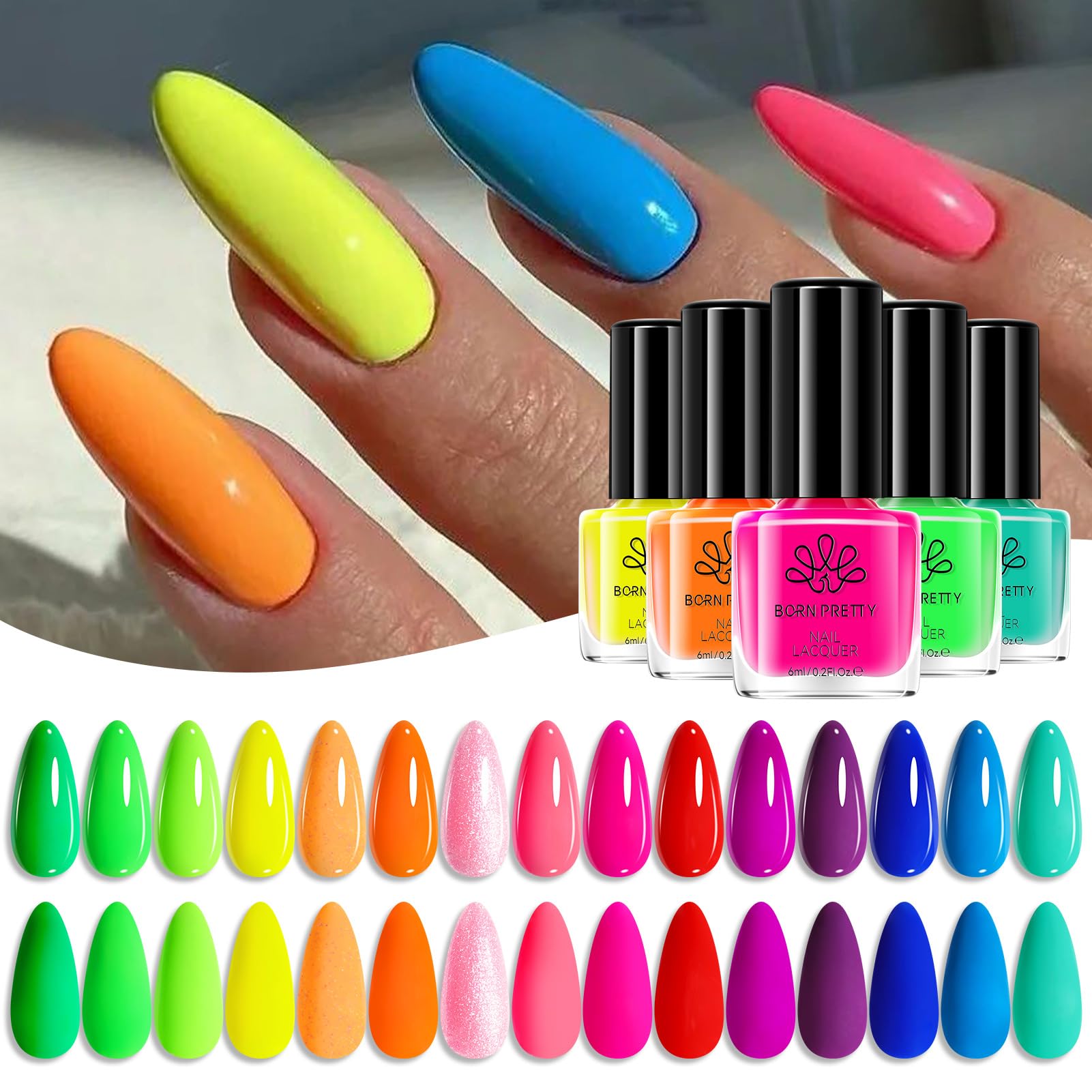 Born Pretty Neon Nail Polish Set bottle row with bold neon shades for statement nails.