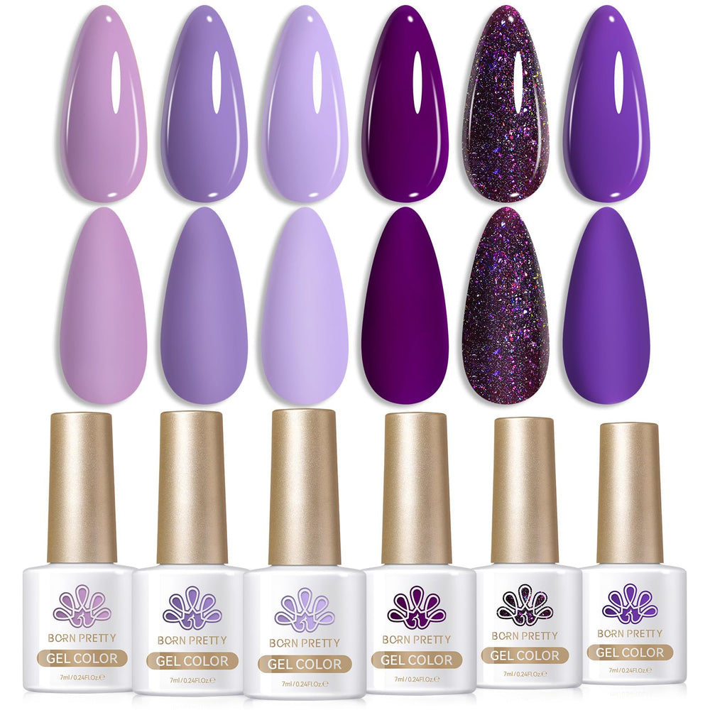 Born Pretty Purple Gel Nail Polish Set swatch showcases six versatile shades for quick color matching