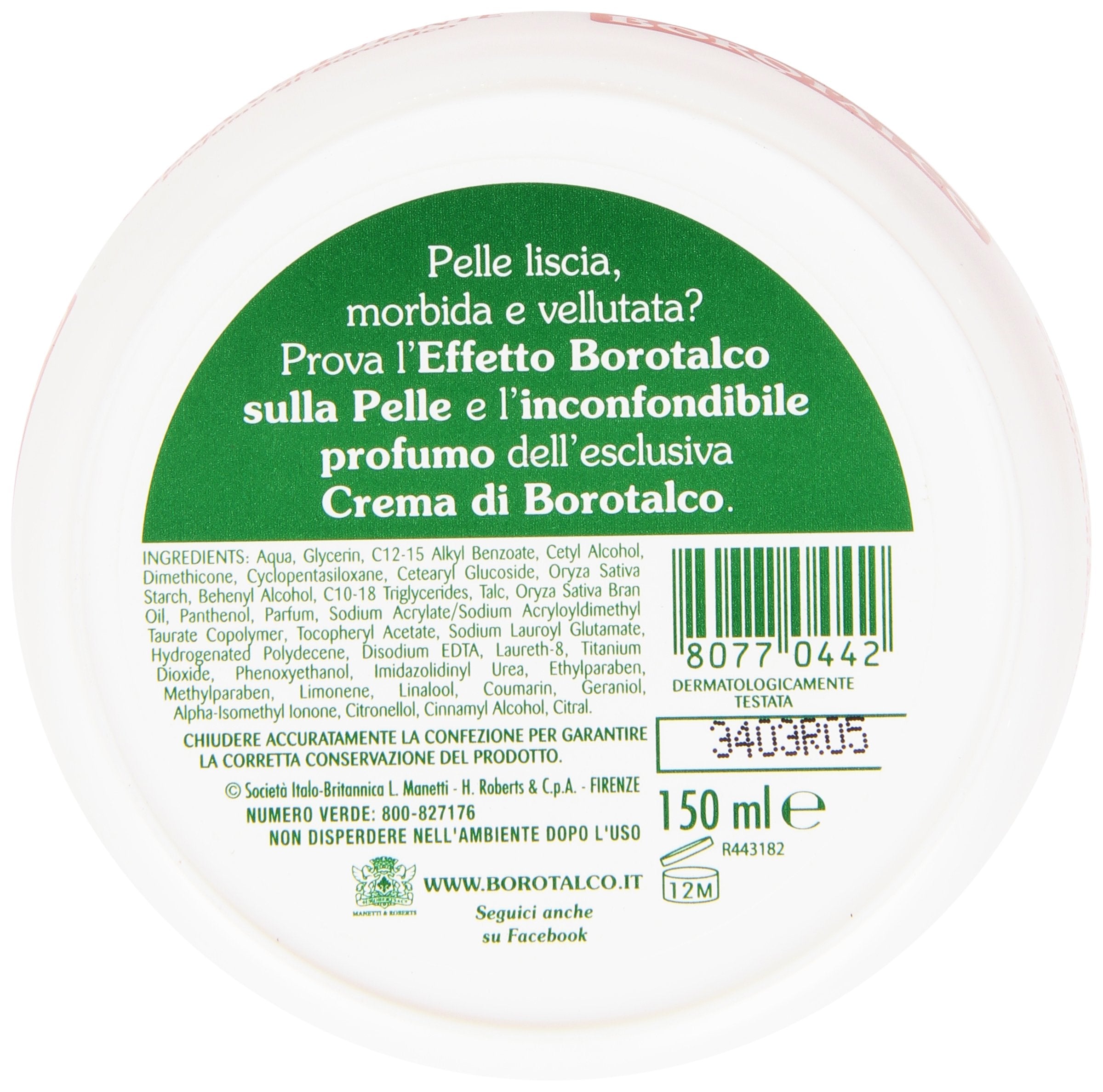 Borotalco scented smoothing cream close-up texture demonstrates quick absorption.