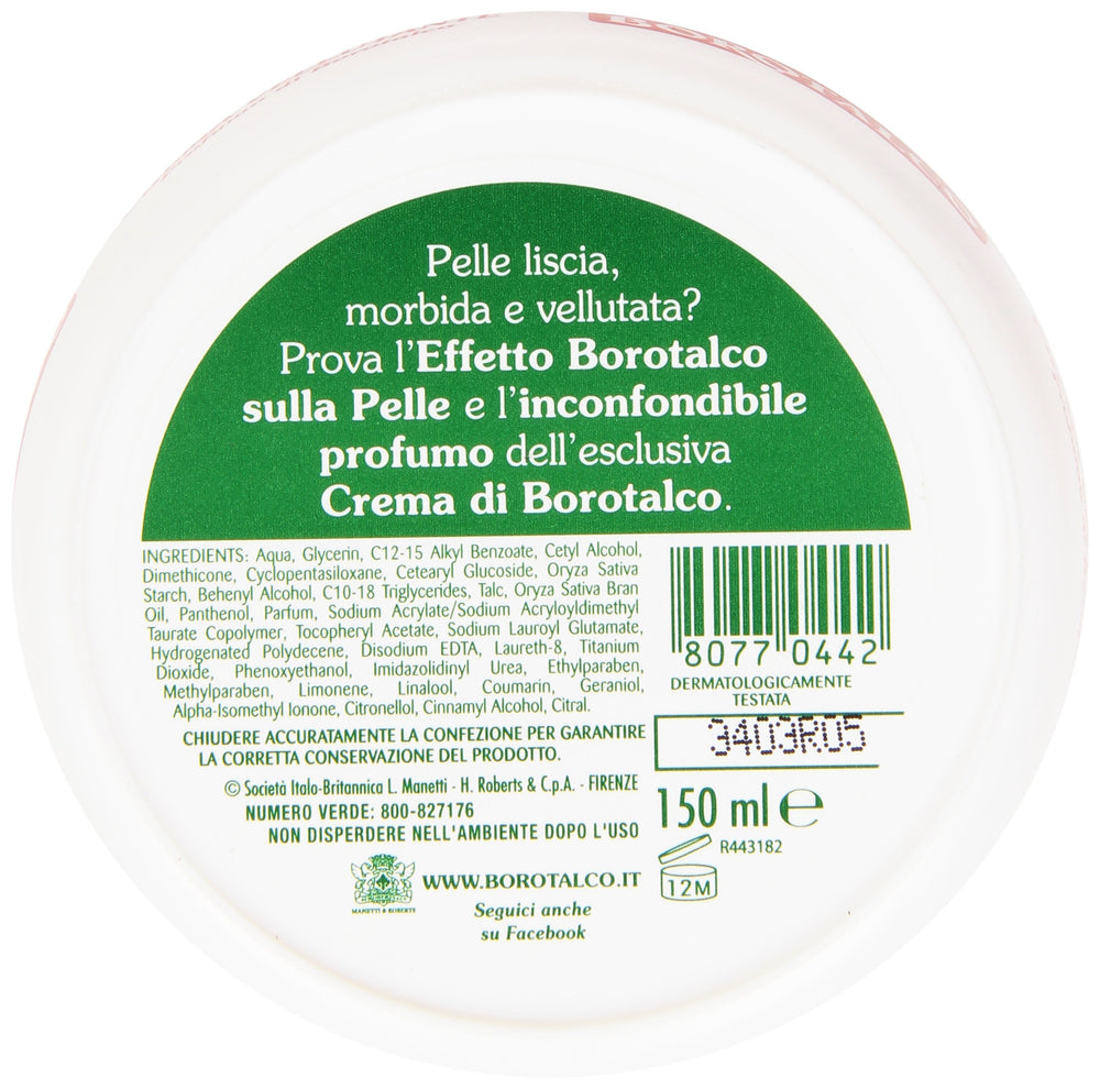 Borotalco scented smoothing cream close-up texture demonstrates quick absorption.