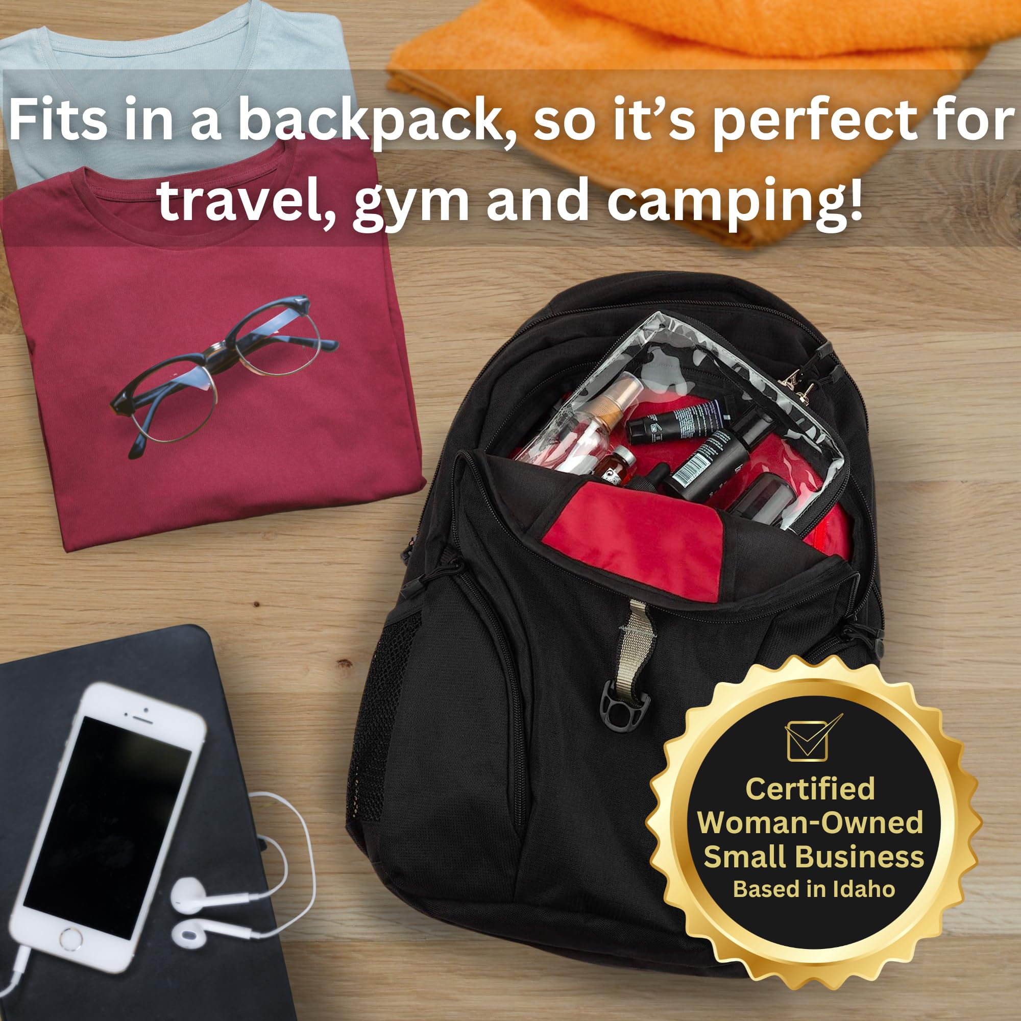BORSALI bag open view demonstrates compact storage for cosmetics and travel essentials.