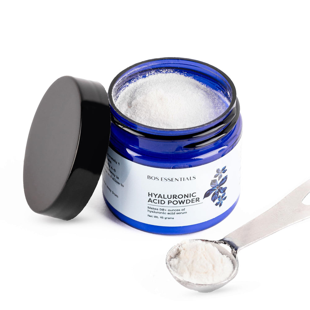 Bos Essentials pure hyaluronic acid powder packaging ready for a DIY hydrating serum