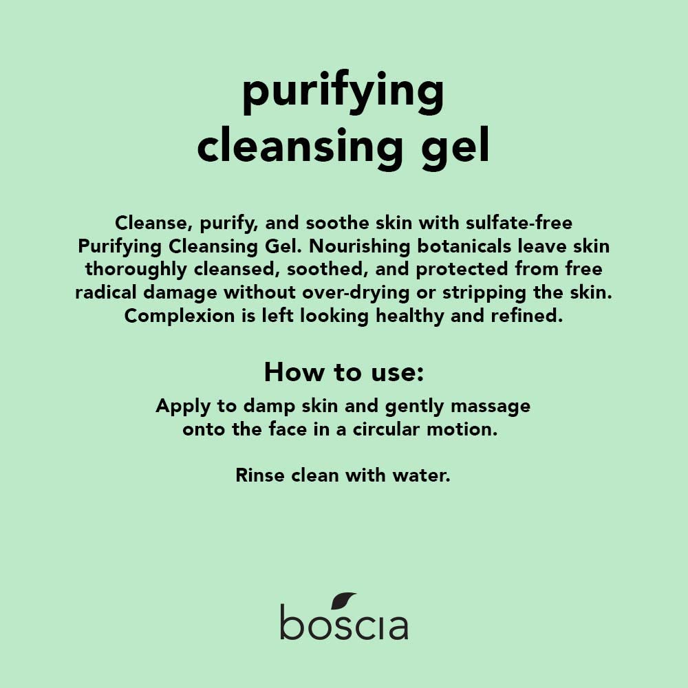 BOSCIA Purifying Cleansing Gel green-tea illustration highlighting antioxidant protection.