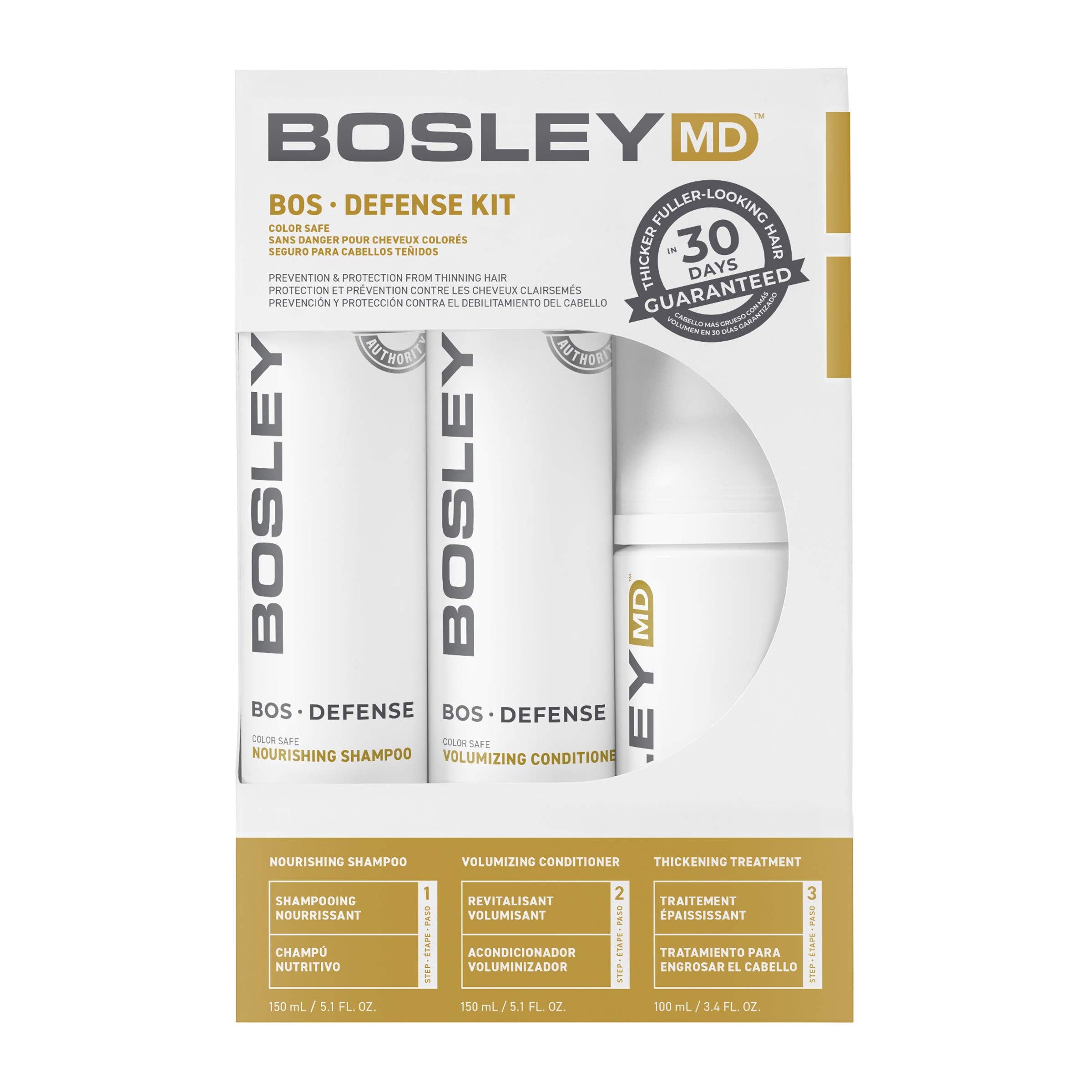 BosDefense Nourishing Shampoo bottle demonstrates color-safe cleansing with buildup removal for fuller-looking hair