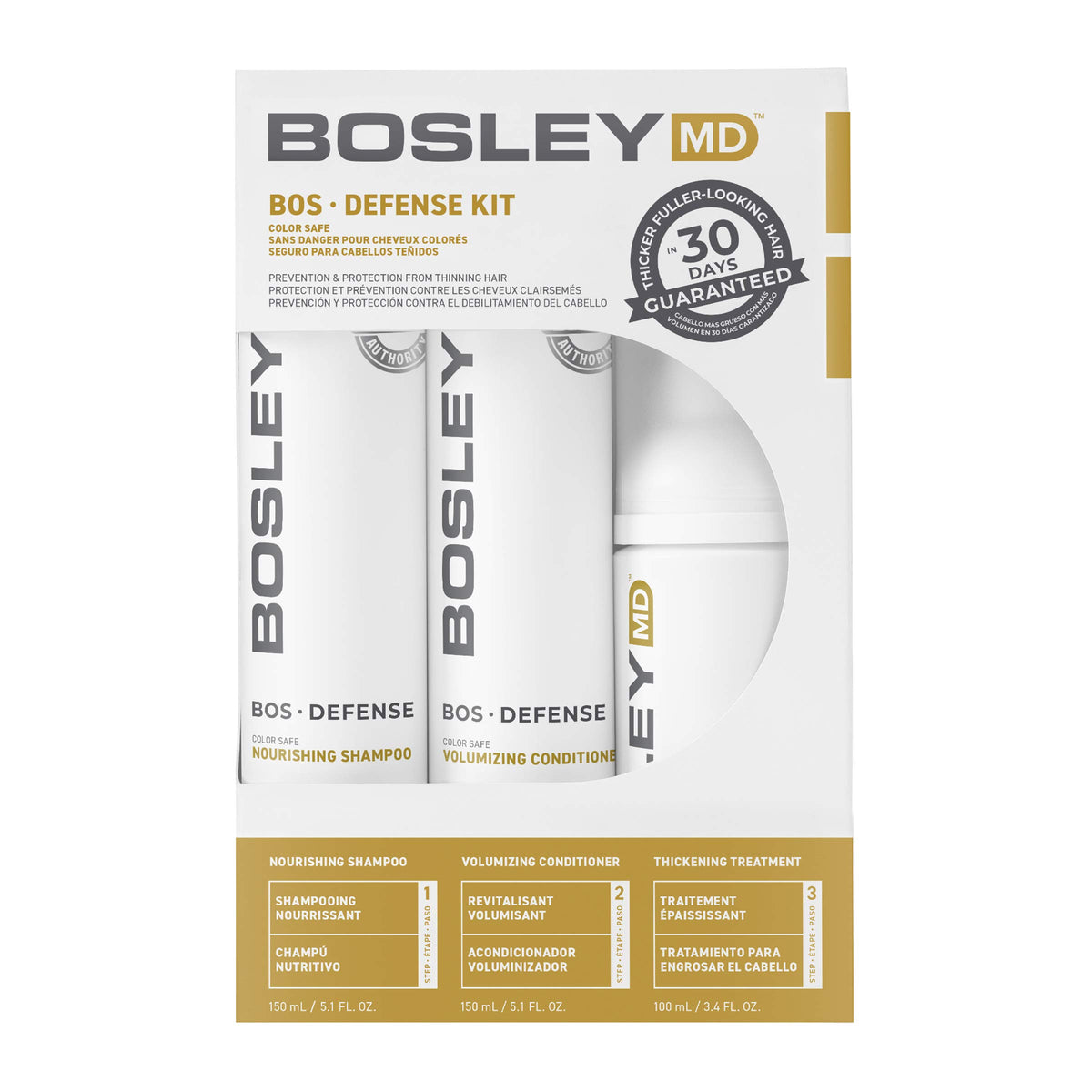 BosDefense Nourishing Shampoo bottle demonstrates color-safe cleansing with buildup removal for fuller-looking hair
