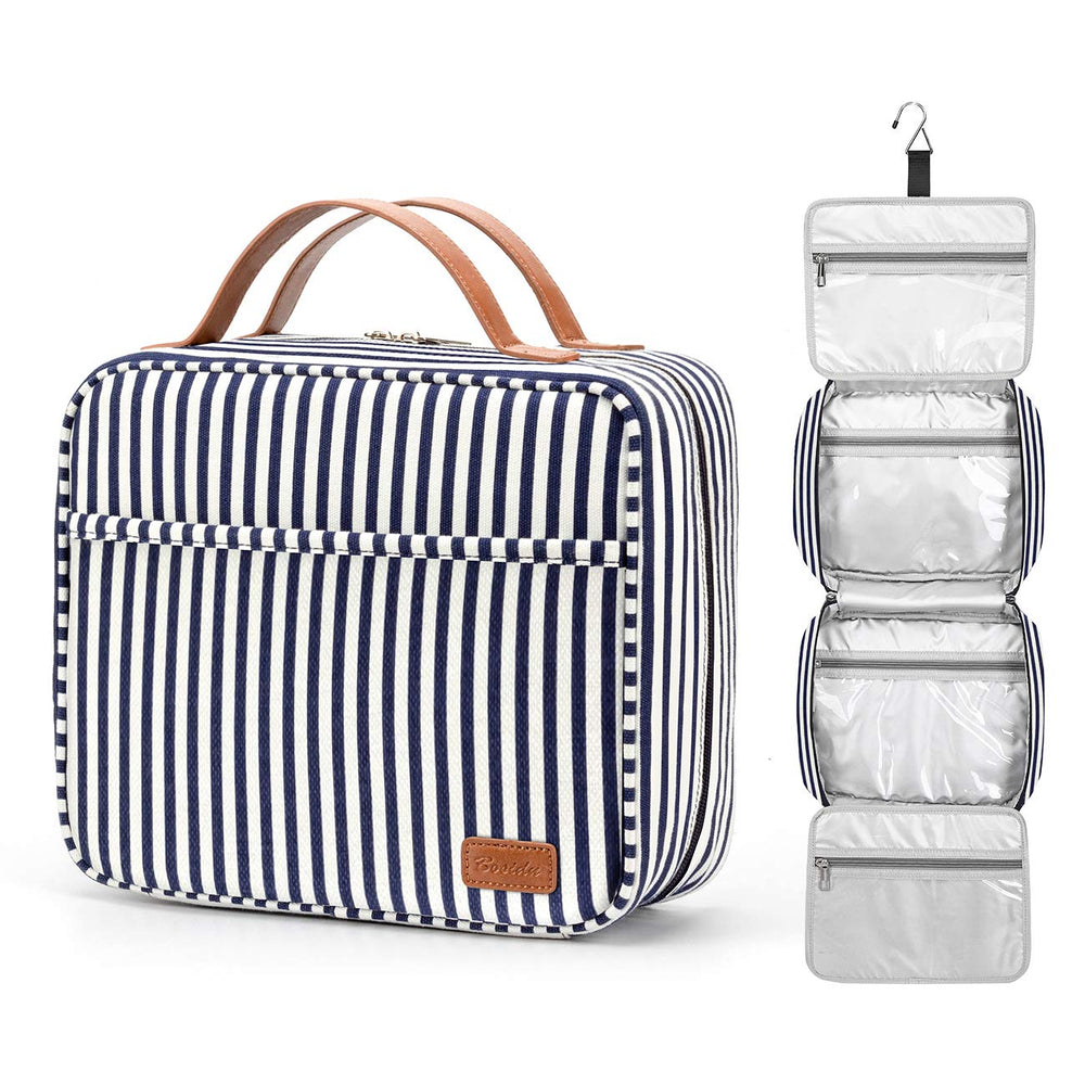 Bosidu Hanging Travel Toiletry Bag shows side handle for easy grabbing and organizing.