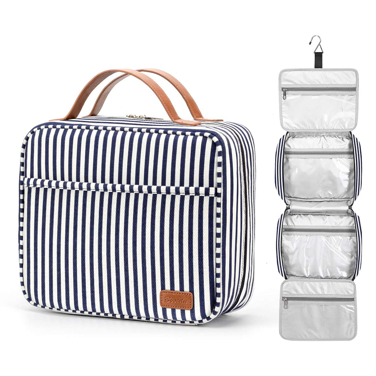Bosidu Hanging Travel Toiletry Bag shows side handle for easy grabbing and organizing.