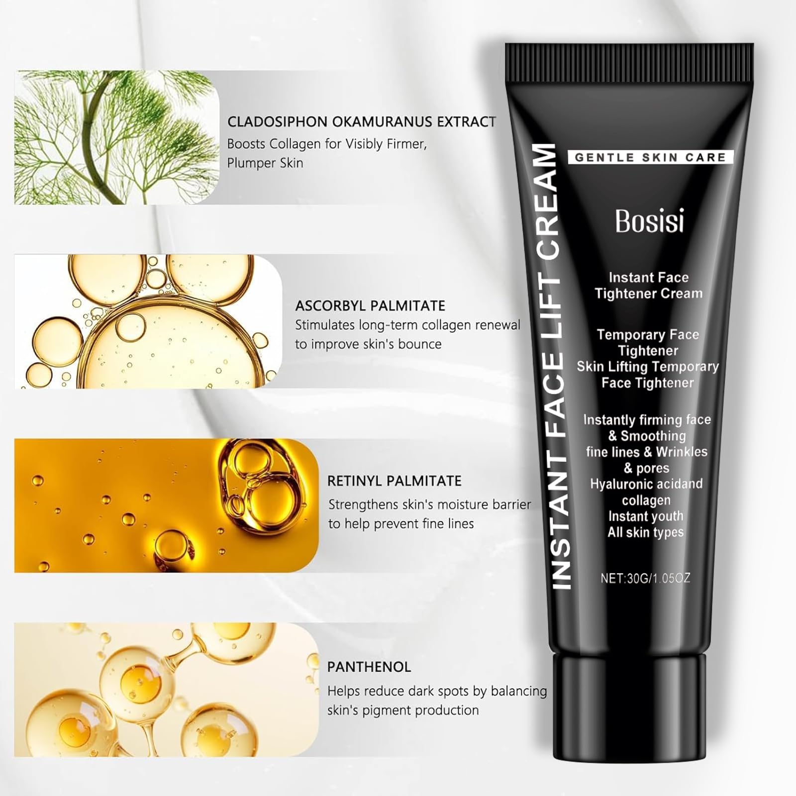 Bosisi Instant Lift Cream on skin with natural glow after use.