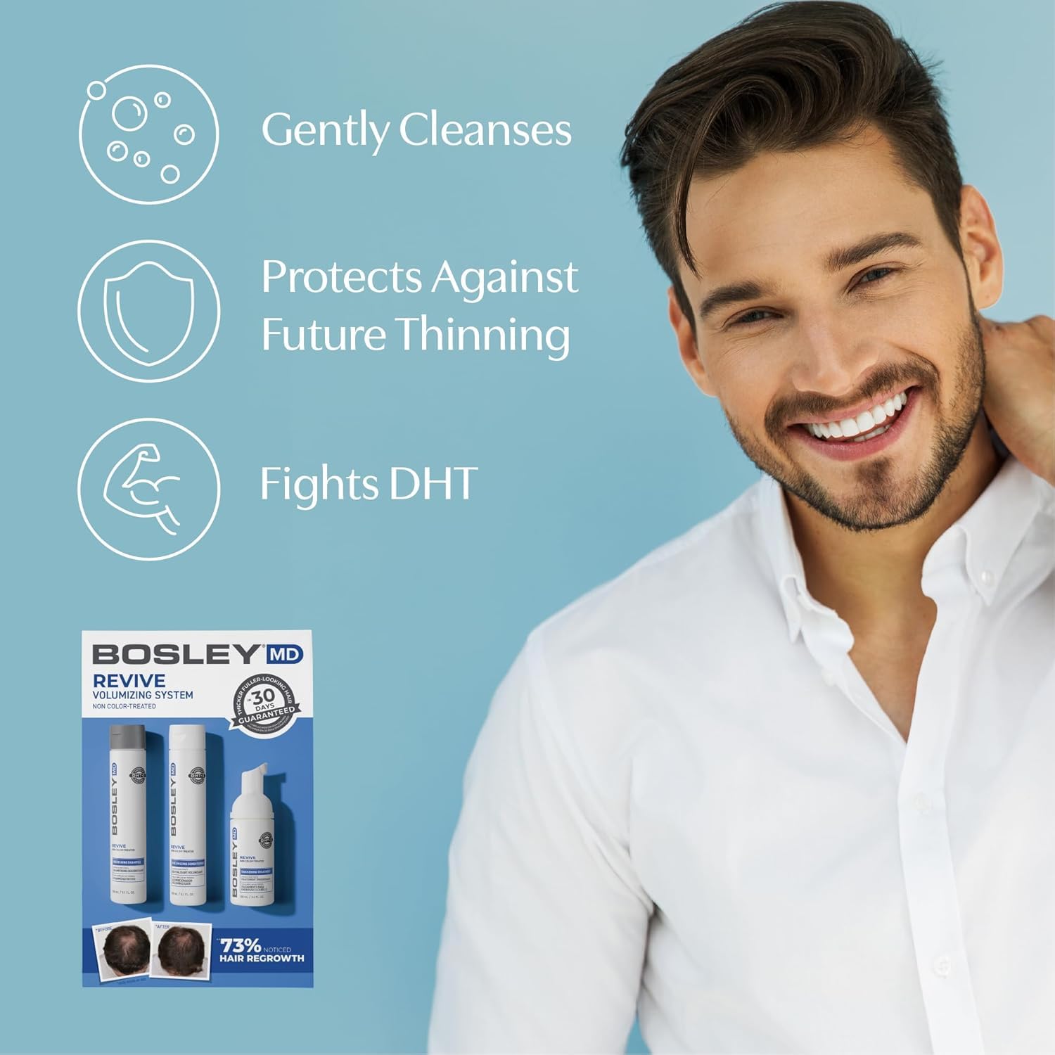 BosleyMD BosRevive Leave-In Thickening Treatment spray shows fast-absorb formula supporting thicker-looking hair