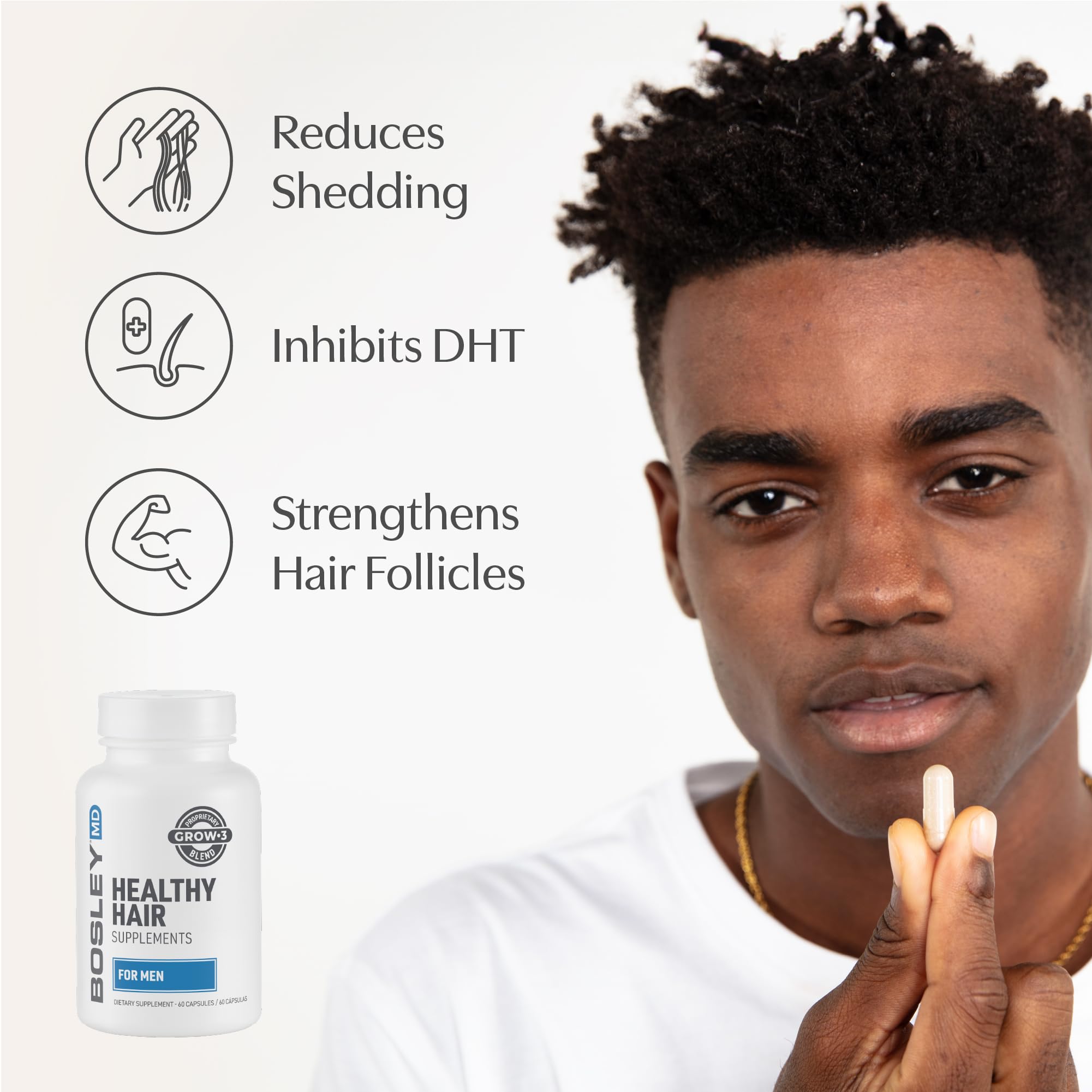 BosleyMD men’s hair supplements bottle side view highlighting compact daily care.