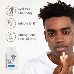 BosleyMD men’s hair supplements bottle side view highlighting compact daily care.