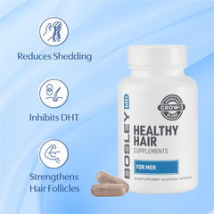 BosleyMD men’s hair supplements label closeup shows ingredients like pumpkin seed.