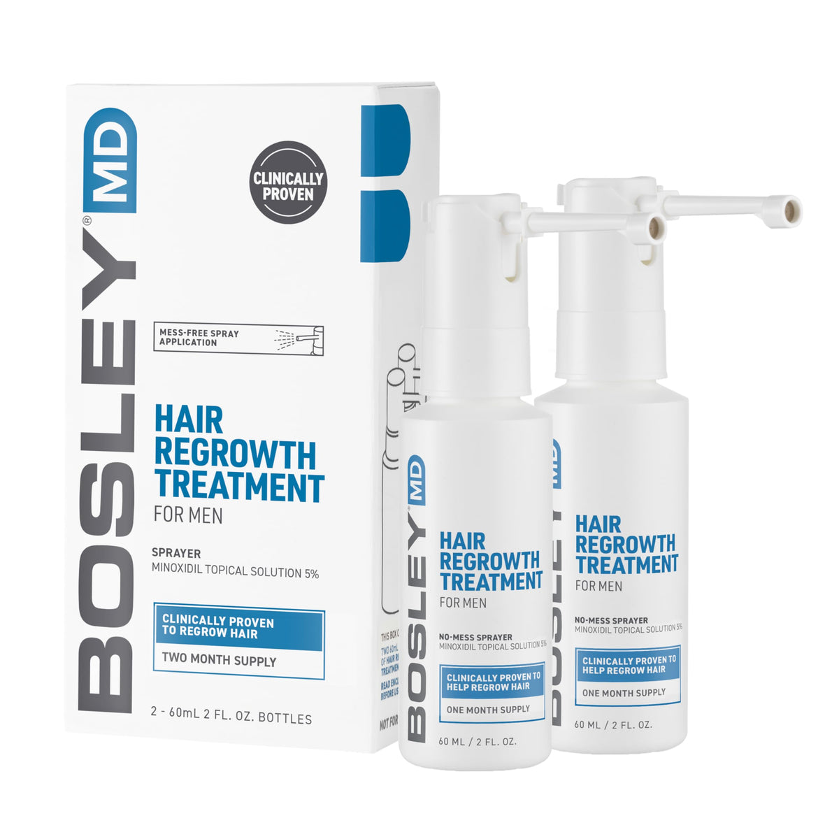 BosleyMD Minoxidil Spray close-up showing the no-mess sprayer for targeted thinning support