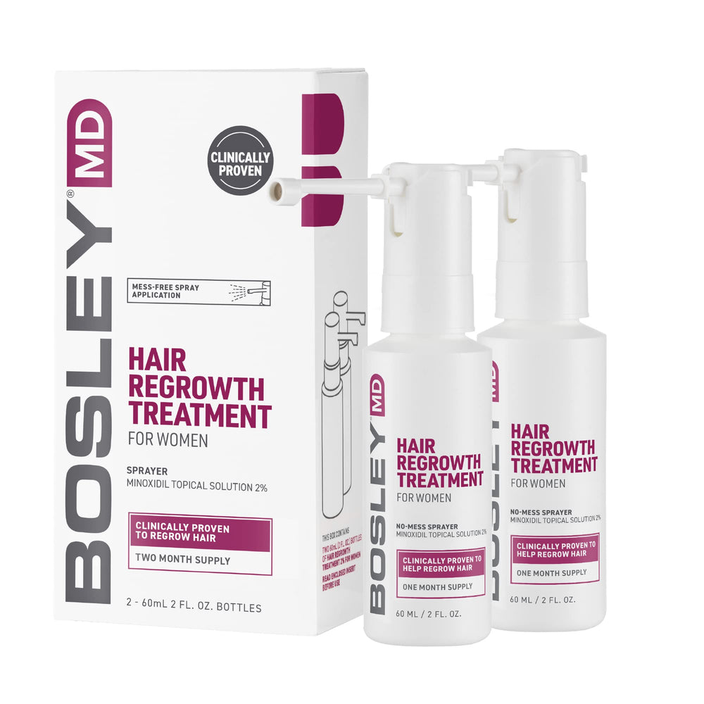 BosleyMD Minoxidil Woman Spray bottle shows a no-mess sprayer for easy scalp coverage.