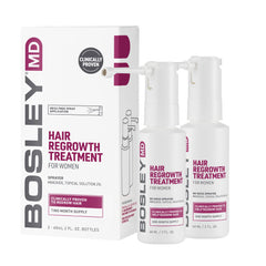 BosleyMD Minoxidil Woman Spray bottle shows a no-mess sprayer for easy scalp coverage.