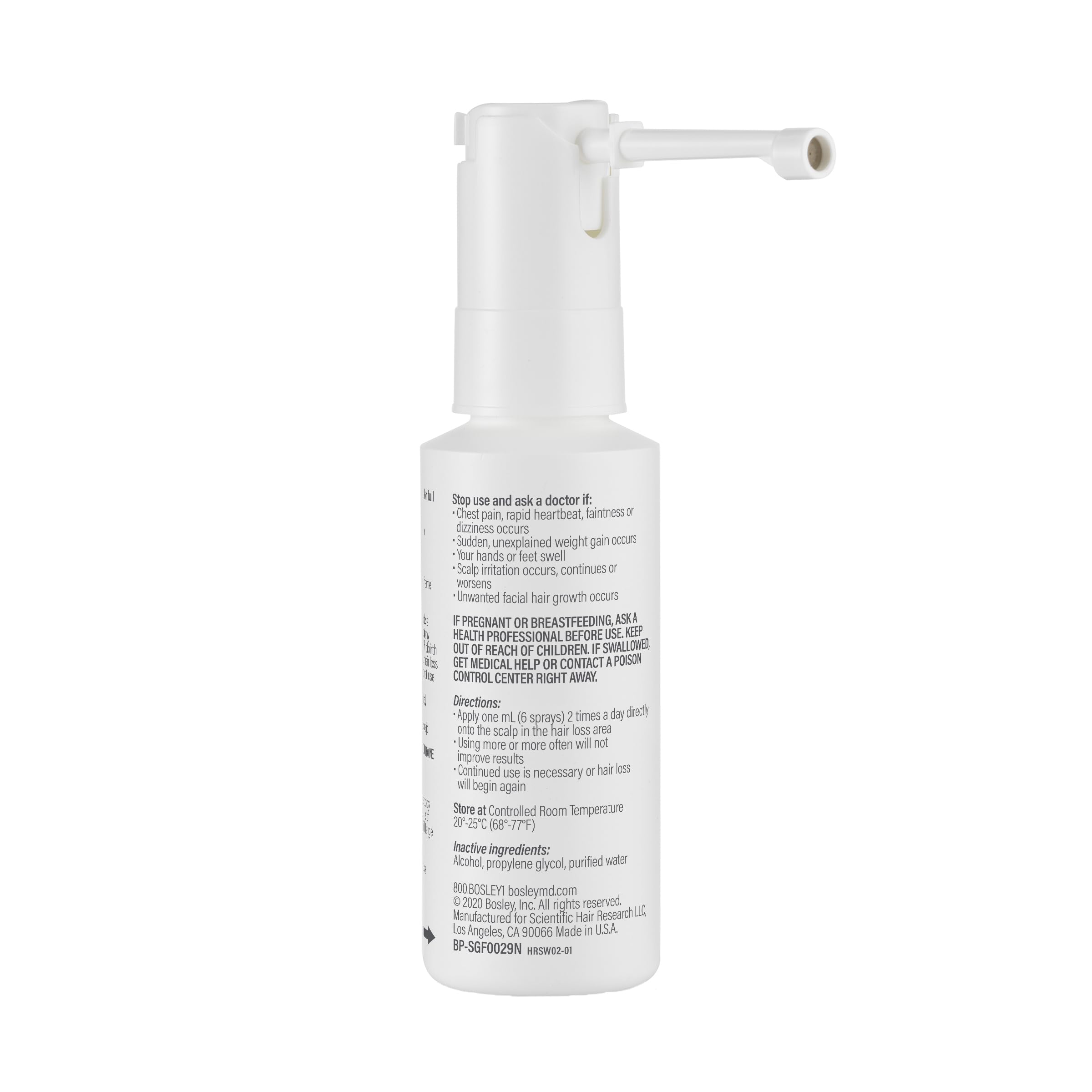 BosleyMD Minoxidil Woman Spray on dresser backdrop suggests everyday use.
