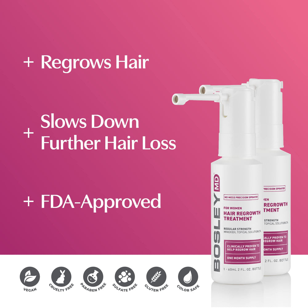 BosleyMD Minoxidil Woman Spray scalp area demonstrates targeted thinning coverage.
