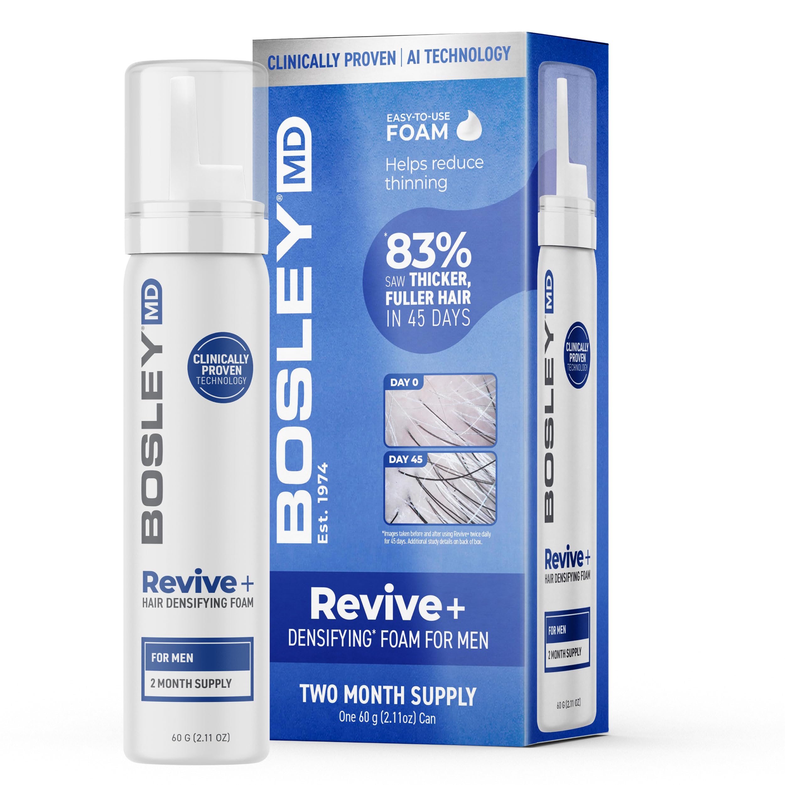 BosleyMD Revive + Densifying Foam bottle for easy daily application toward fuller-looking hair