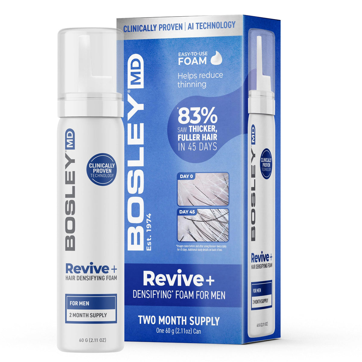 BosleyMD Revive + Densifying Foam bottle for easy daily application toward fuller-looking hair