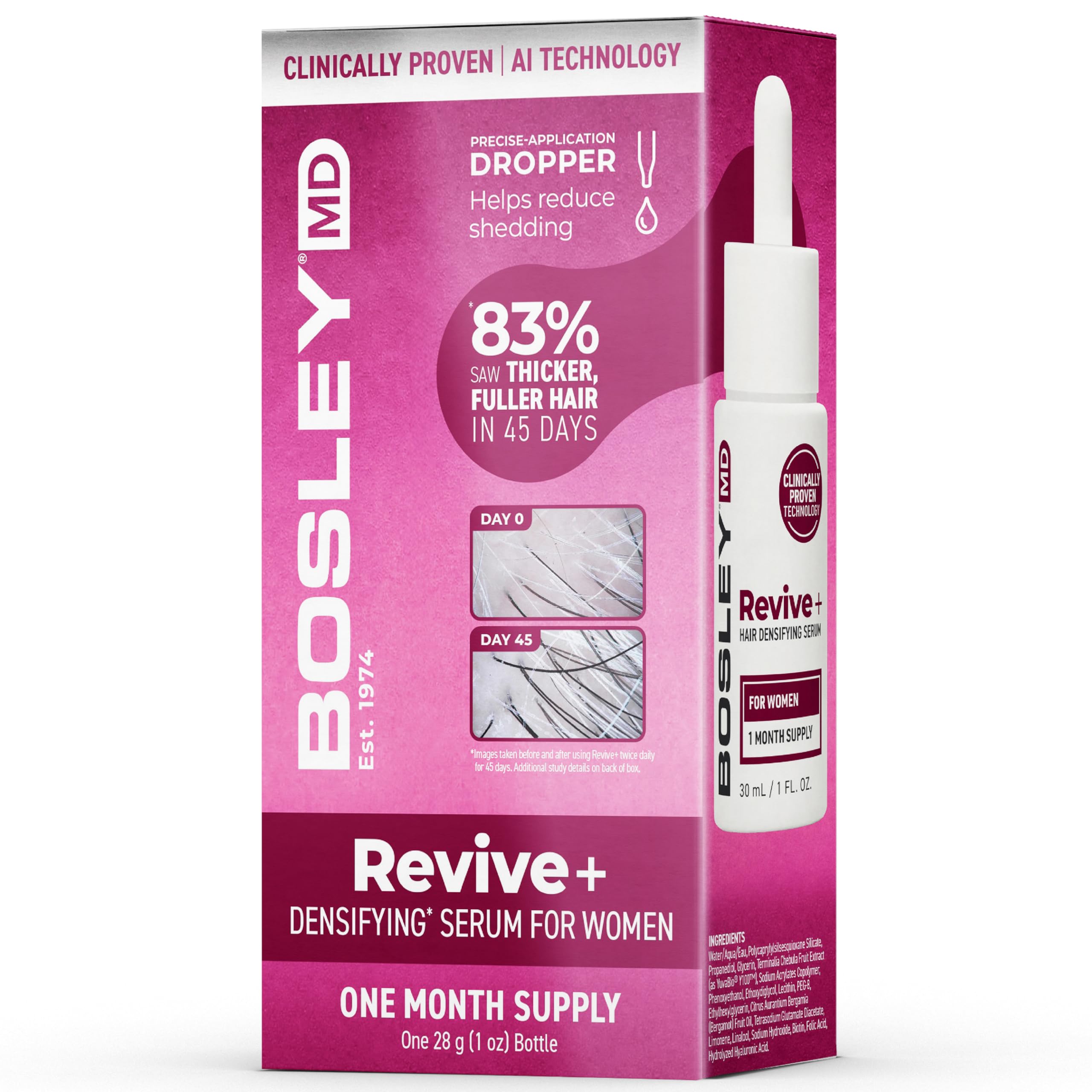 BosleyMD Revive+ bottle ready for daily scalp treatment toward fuller-looking hair