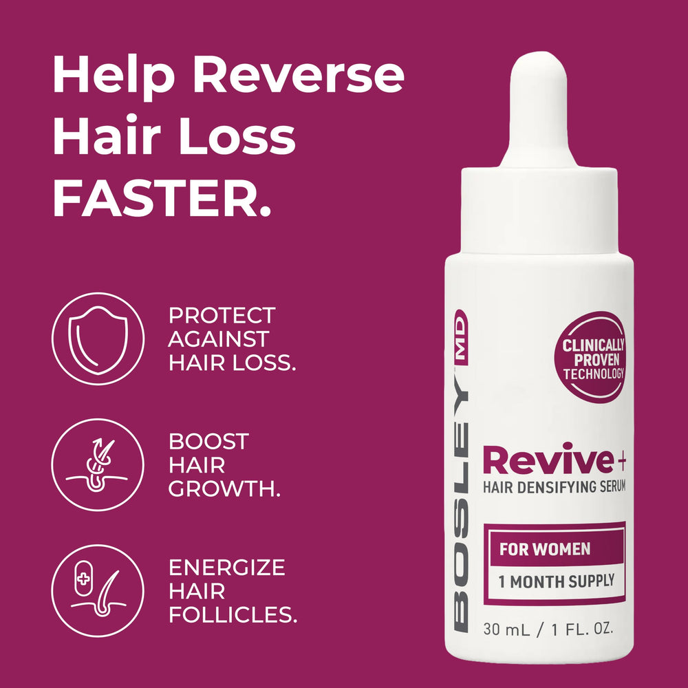 BosleyMD Revive+ brand logo signals trusted hair-care branding
