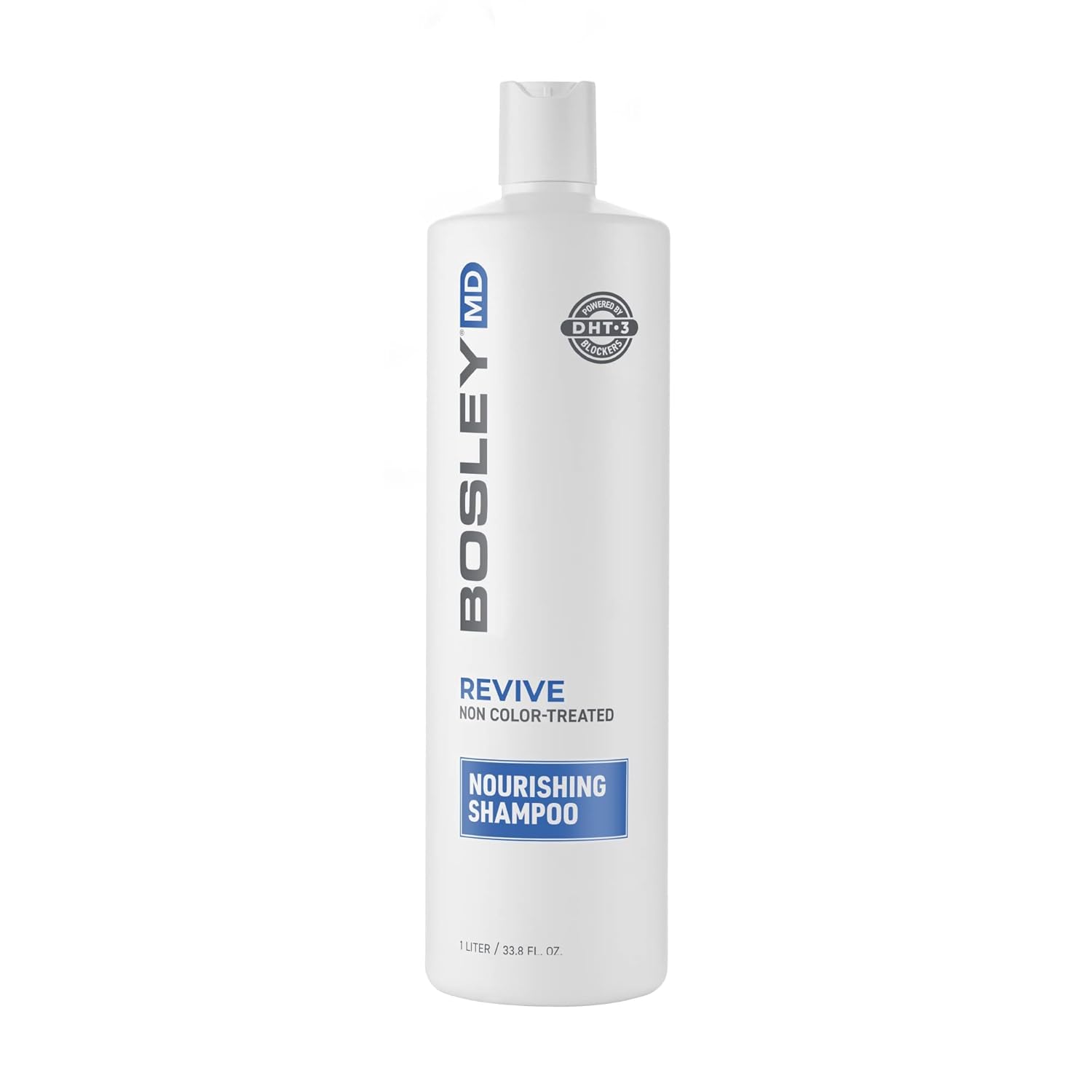 BosRevive Nourishing Shampoo label close-up shows pumpkin seed and saw palmetto, natural DHT-blockers for scalp comfort.