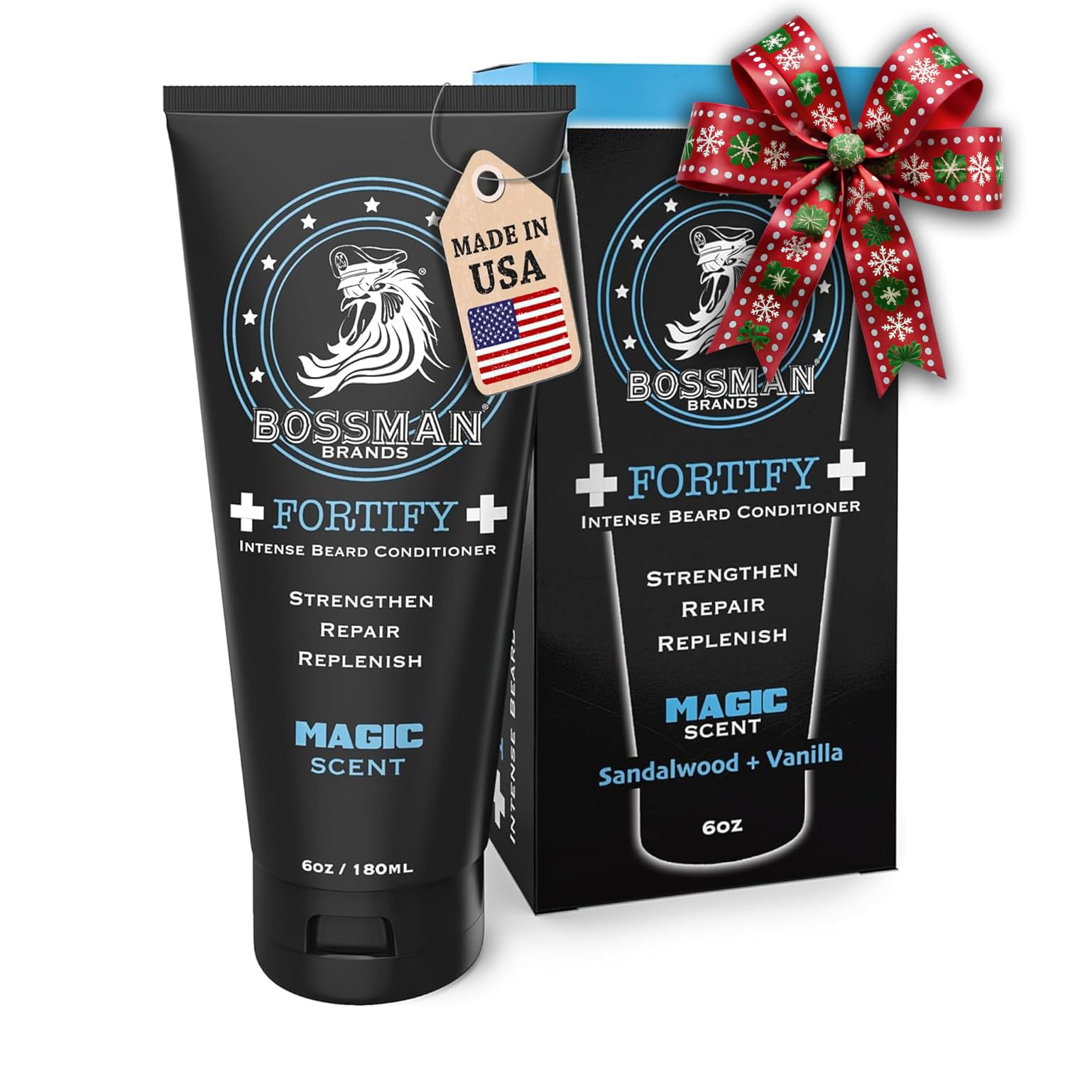 Bossman Fortify Intense Beard Conditioner bottle closeup, showcasing thicker formula for a fuller beard.