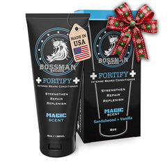 Bossman Fortify Intense Beard Conditioner bottle closeup, showcasing thicker formula for a fuller beard.