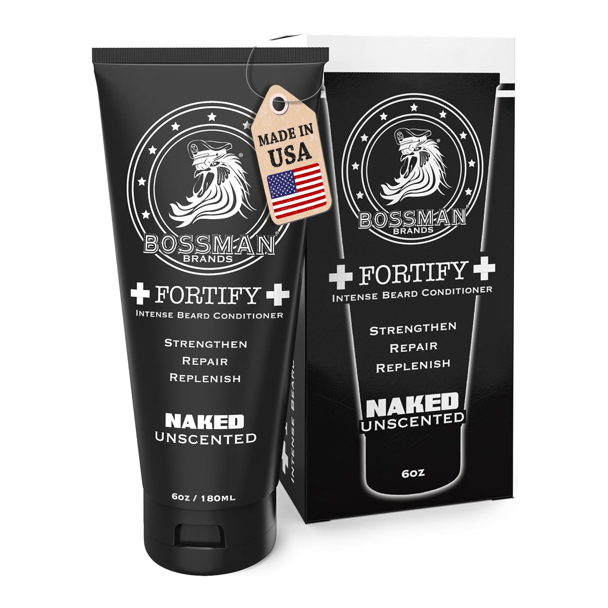 Bossman Fortify Intense Beard Conditioner bottle in shower for thicker beard conditioning