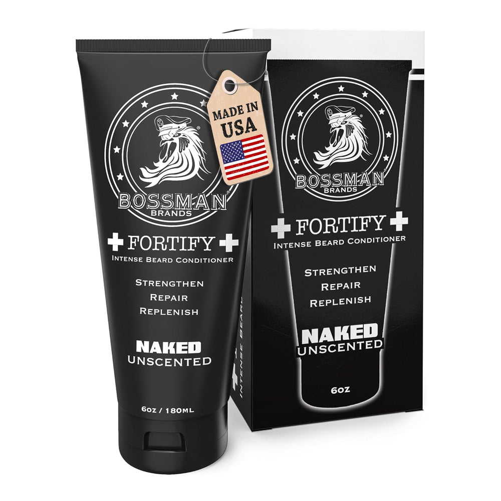 Bossman Fortify Intense Beard Conditioner bottle in shower for thicker beard conditioning