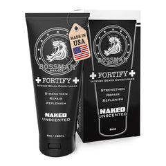 Bossman Fortify Intense Beard Conditioner bottle in shower for thicker beard conditioning