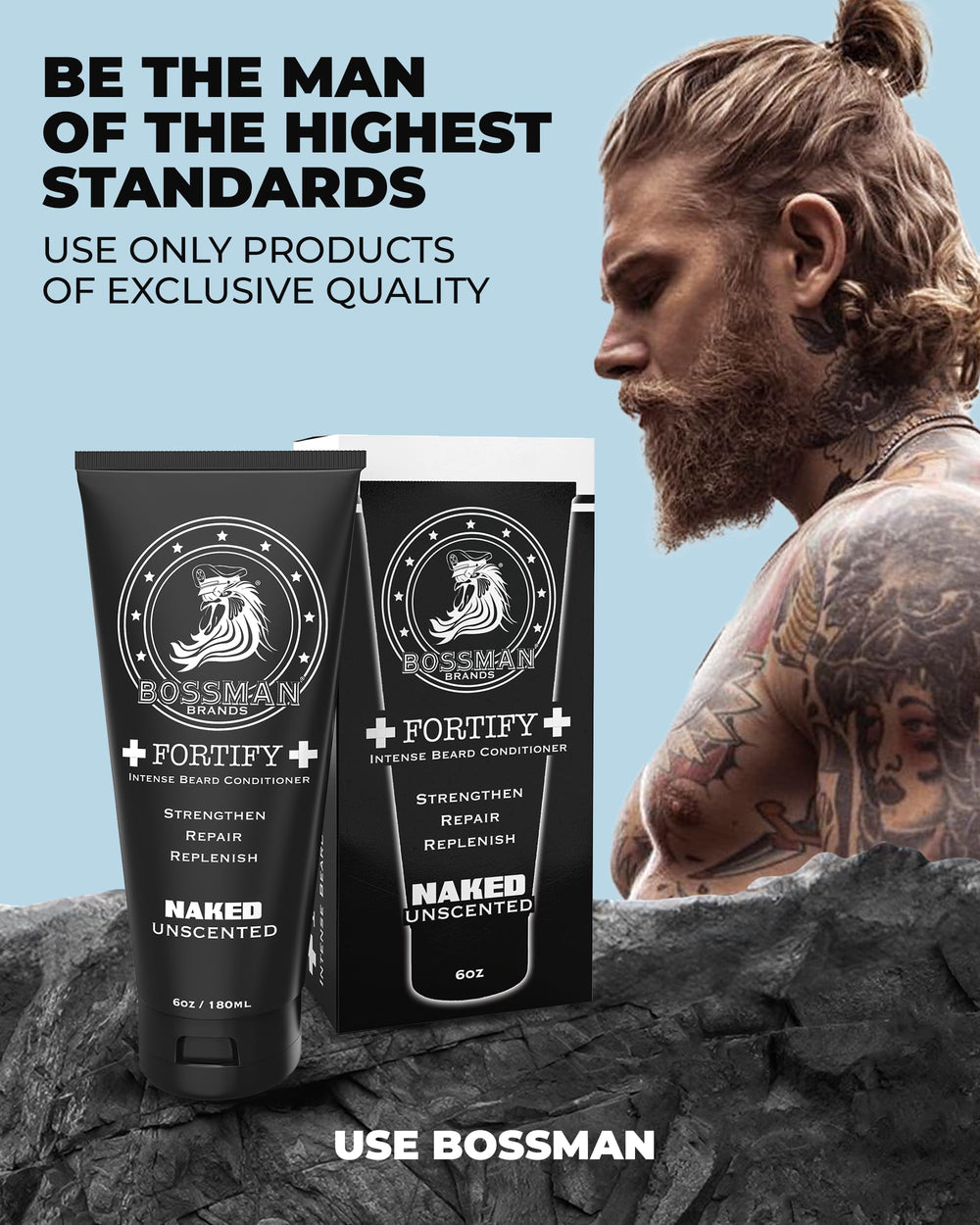 Cruelty-free Bossman Fortify Intense Beard Conditioner as a beard care option