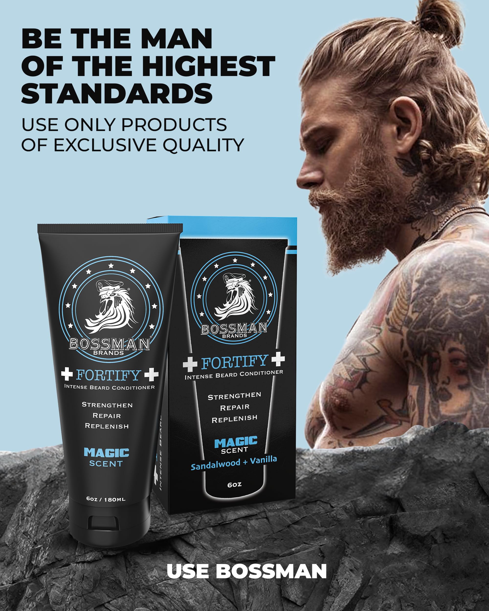 Bossman Fortify Intense Beard Conditioner in-shower use, easy rinse-out for quick grooming.