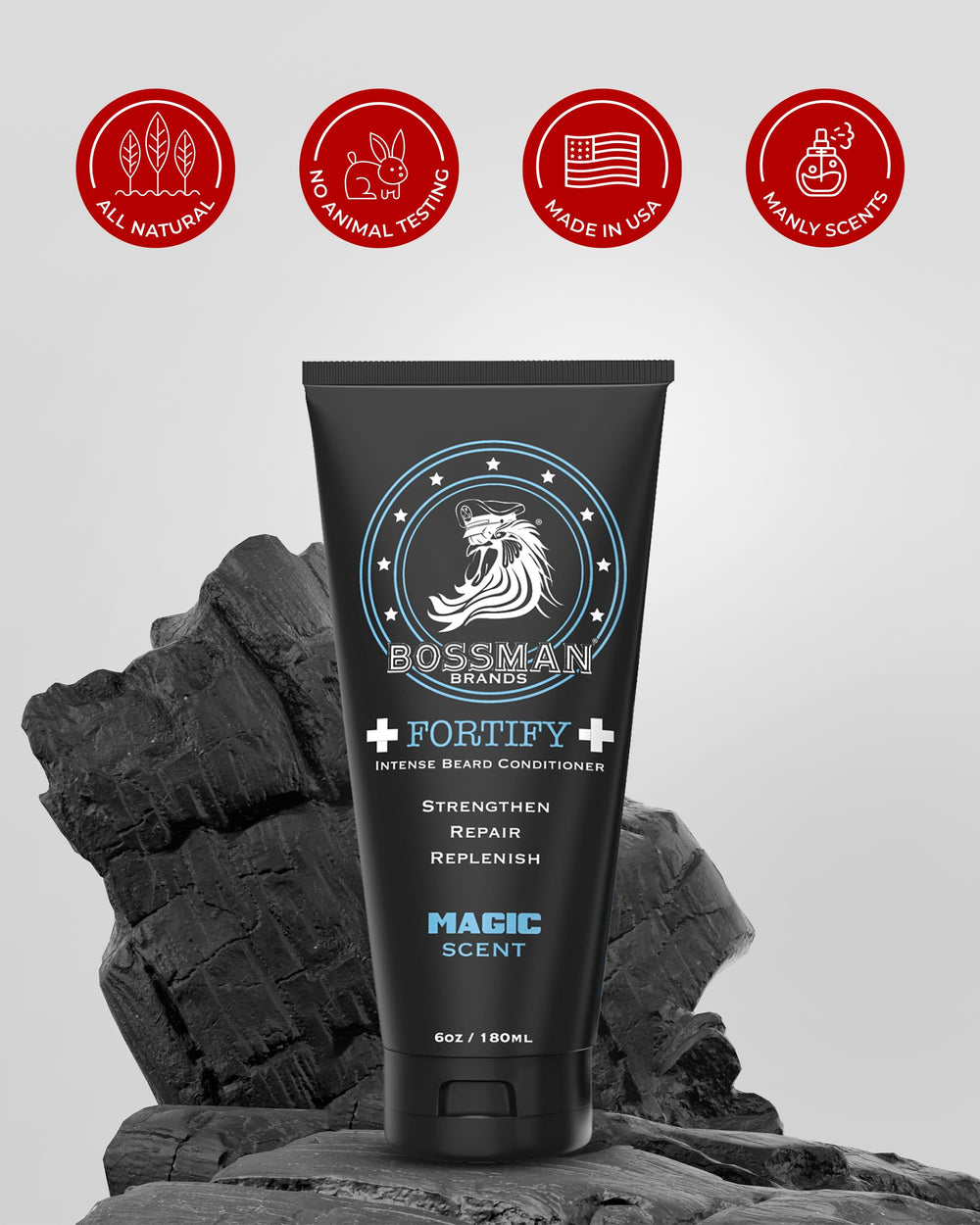 Bossman Fortify Intense Beard Conditioner sandalwood-vanilla scent, delivering warm aroma for grooming.