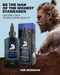 Hands applying Jelly Beard Oil on beard shows easy grooming and taming benefits.