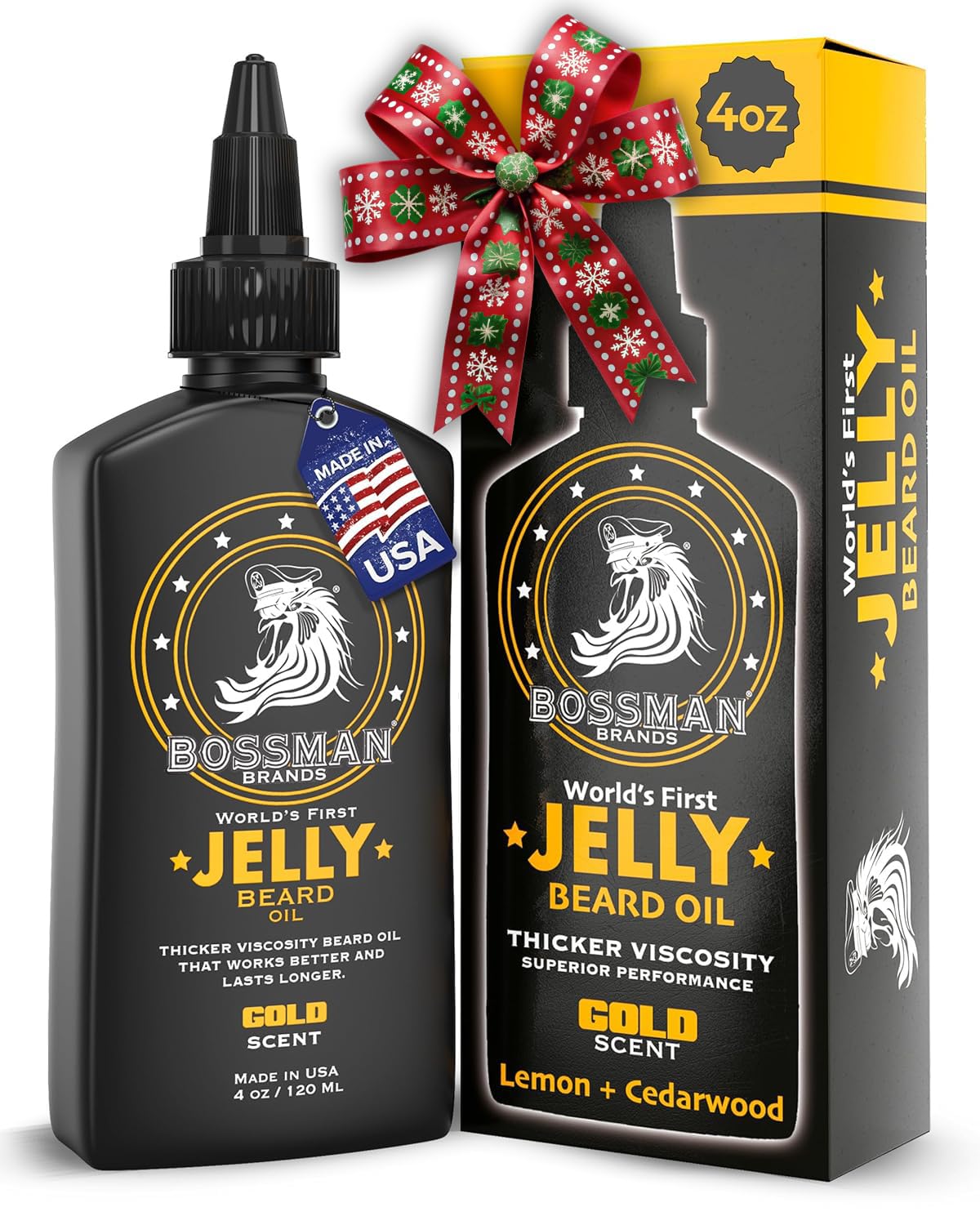 Bossman Jelly Beard Oil bottle with gold scent for softer, moisturized facial hair.