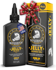 Bossman Jelly Beard Oil bottle with gold scent for softer, moisturized facial hair.