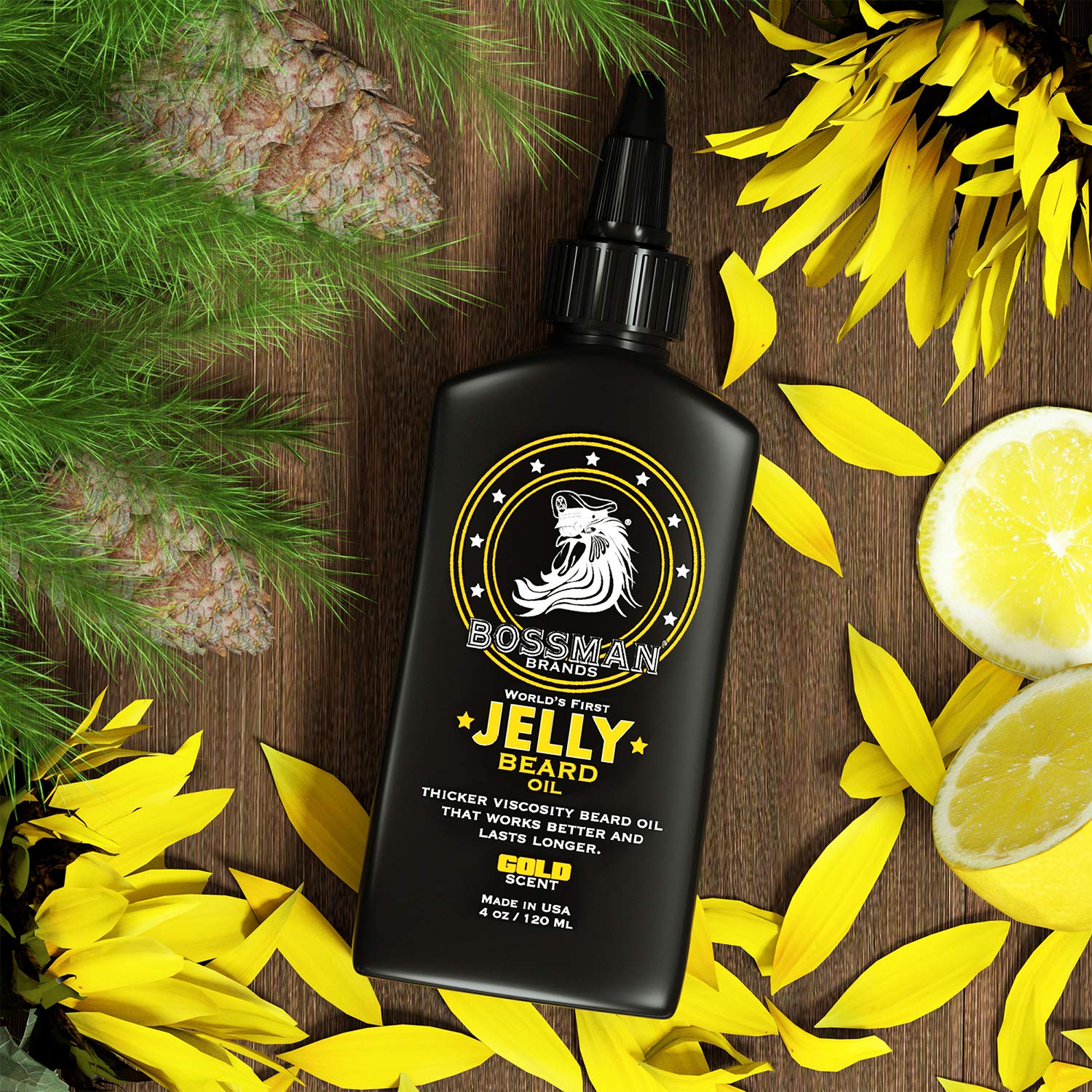 Bossman Jelly Beard Oil ingredients label highlights avocado oil and beeswax for hydration.