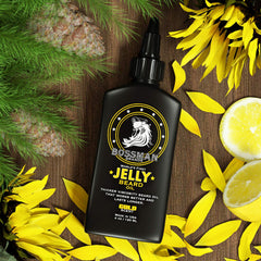Bossman Jelly Beard Oil ingredients label highlights avocado oil and beeswax for hydration.